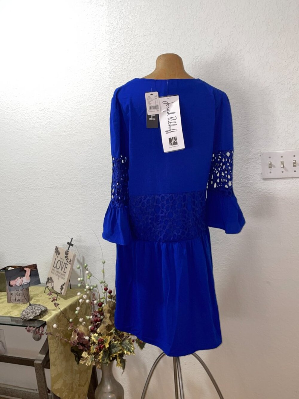 NWT $215 Sapphire Blue Gauze & Guipure Laser Cut Lace Dress JOSEPH RIBKOFF S 8 - Picture 6 of 9